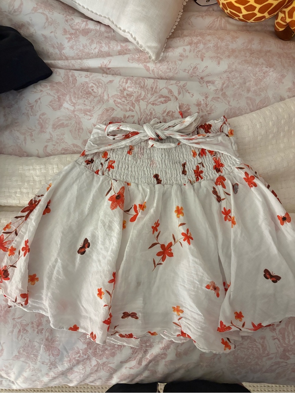 White Floral Smocked Mini Skirt with Tie Waist